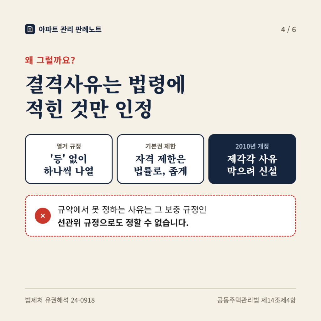 이유: 결격사유는 법령에 적힌 것만 인정 - 열거 규정, 기본권 제한, 2010년 개정 취지