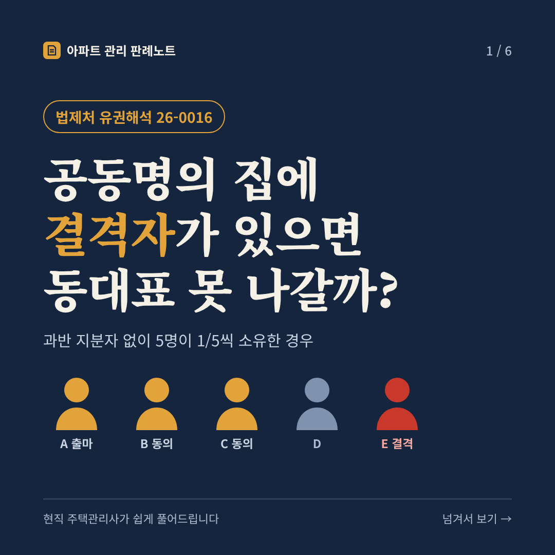 공동명의 집에 결격자가 있으면 동대표 못 나갈까? (과반 지분자 없이 5명이 1/5씩 소유한 경우) - 법제처 유권해석 26-0016 카드뉴스 표지
