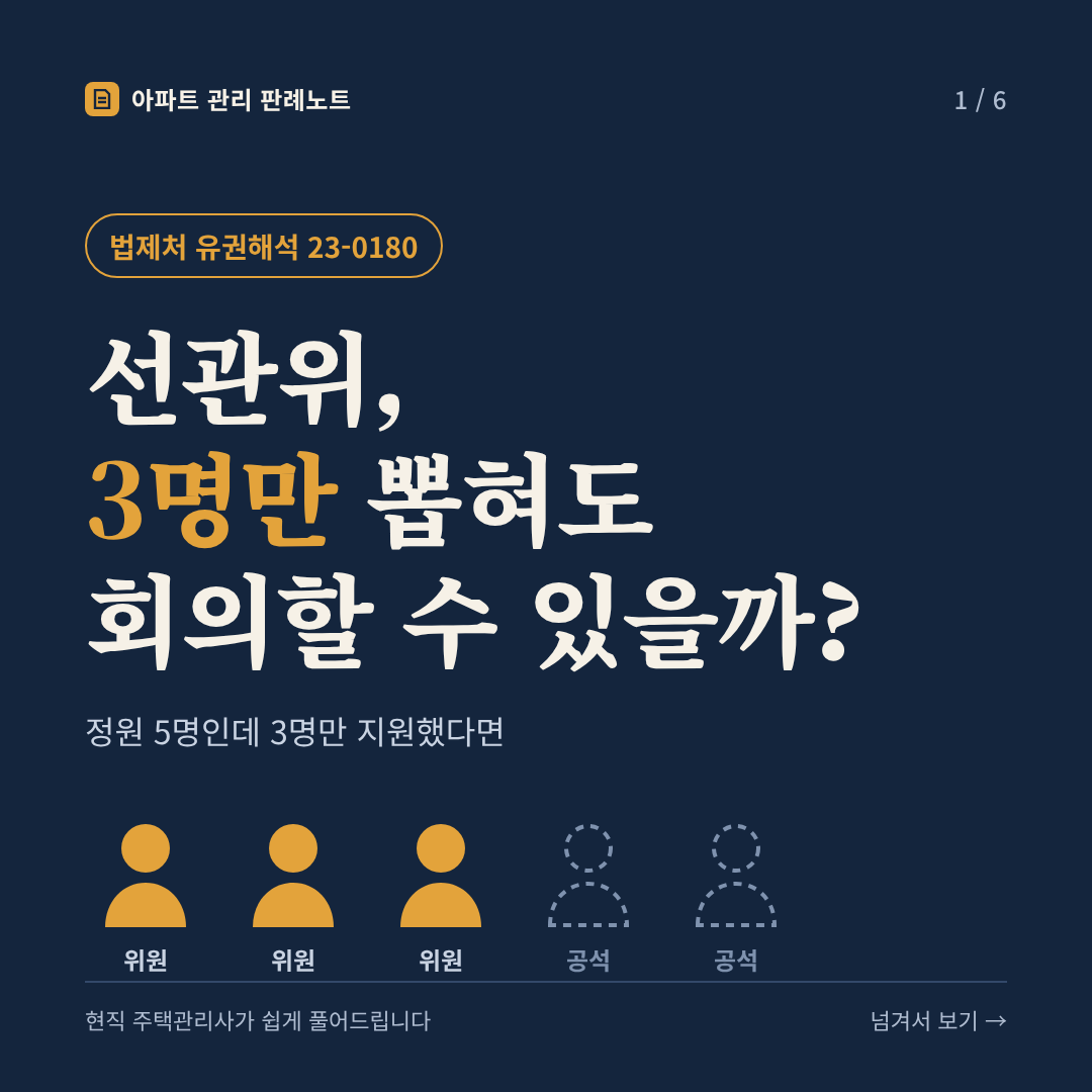 아파트 선관위 3명만 뽑혀도 회의할 수 있을까 - 법제처 유권해석 23-0180 카드뉴스 표지