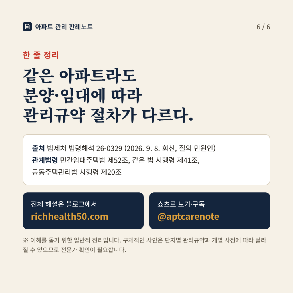 한 줄 정리: 같은 아파트라도 분양·임대에 따라 관리규약 절차가 다르다.