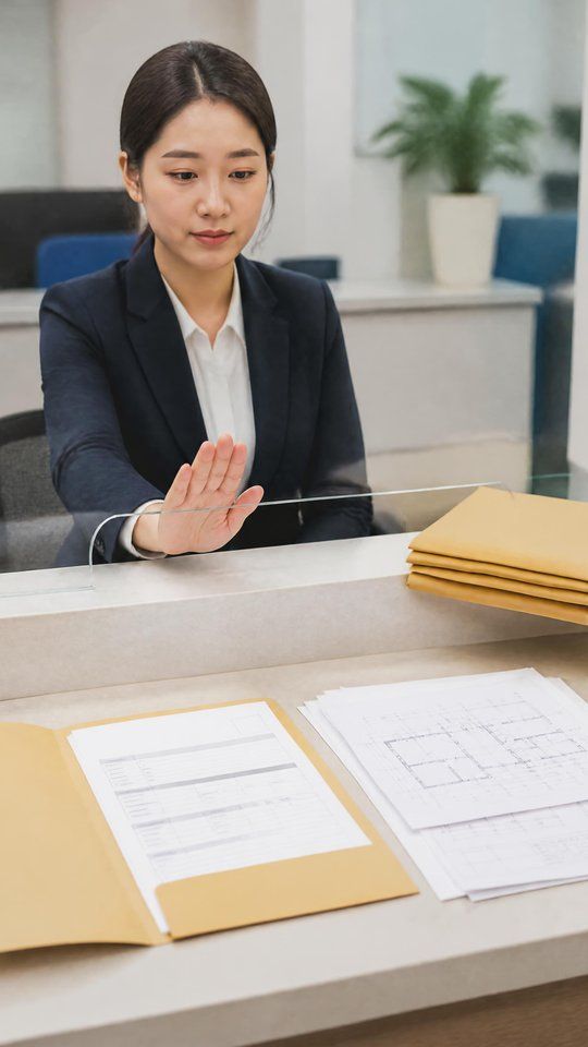 구청 민원실 창구에서 담당자가 서류를 받지 않고 손바닥을 내미는 장면 — 입대의는 행위허가 신청 주체가 아님