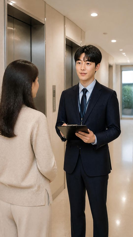 관리사무소 직원이 엘리베이터 앞에서 입주민에게 동의서 서명을 받으려는 장면
