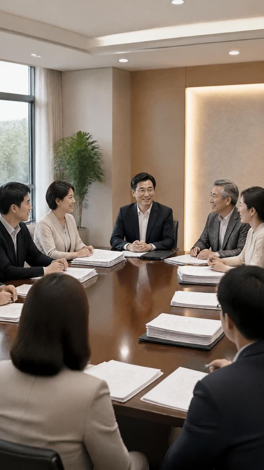 입주자대표회의 위원들이 회의실에서 안건을 의결하는 장면